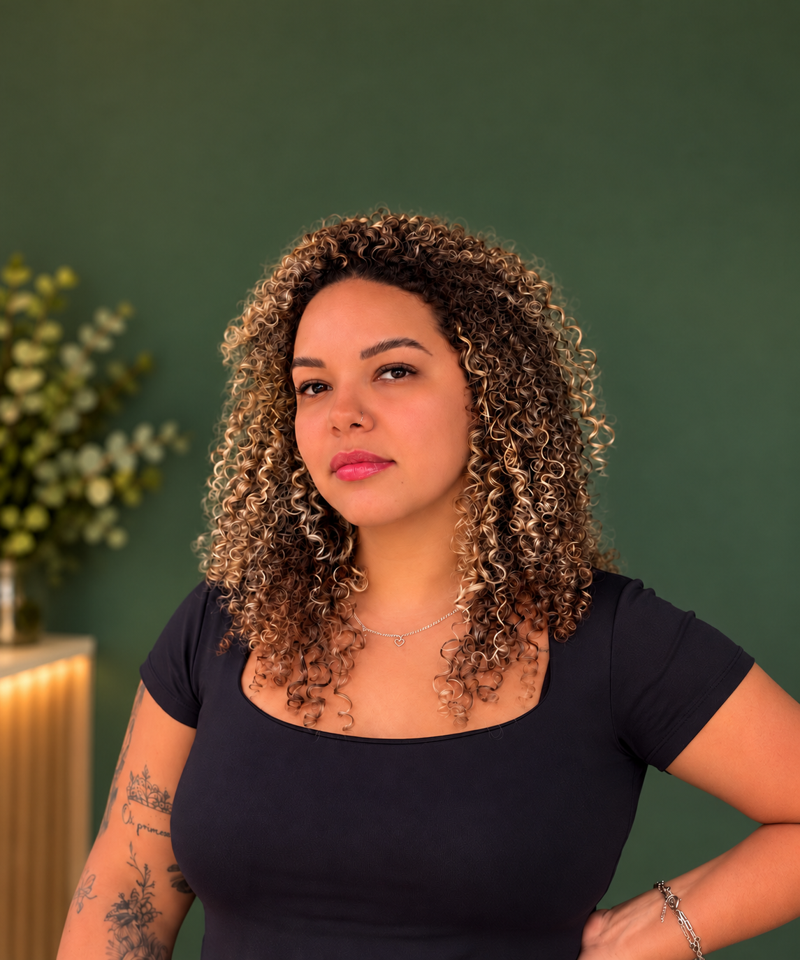 Cliente da Revitalizze com cabelos cacheados e mechas iluminadas