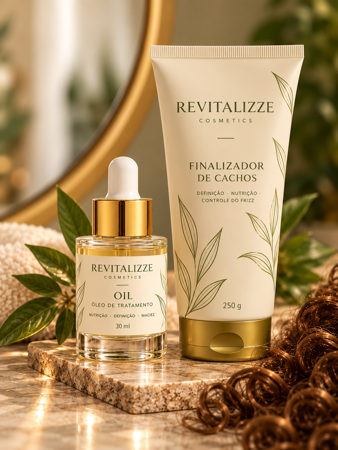 Óleo de tratamento e finalizador de cachos da linha Revitalizze Cosmetics